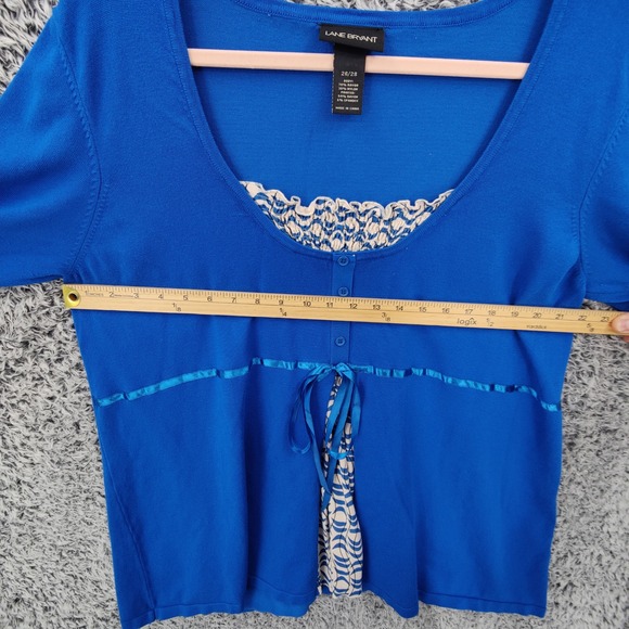 Lane Bryant Womens Cardigan Faux Layered Coquette 26/28 Blue Smocked Ribbon Tie - Picture 2 of 16